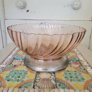 Vintage Blush Pink Arcoroc France Swirl Bowl with Silver Plated Base